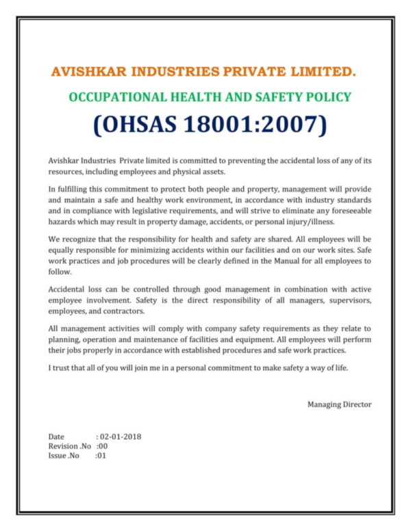 Ohsas Policy Avishkar Industries Pvt Ltd